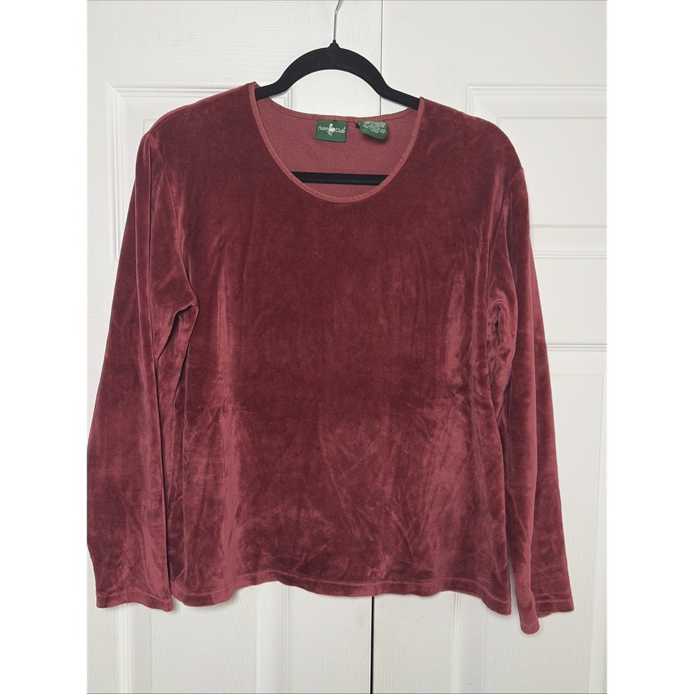 Hunt Club Velour Long Sleeve Top Womens XL Burgundy Red Vintage Cotton Blend XL